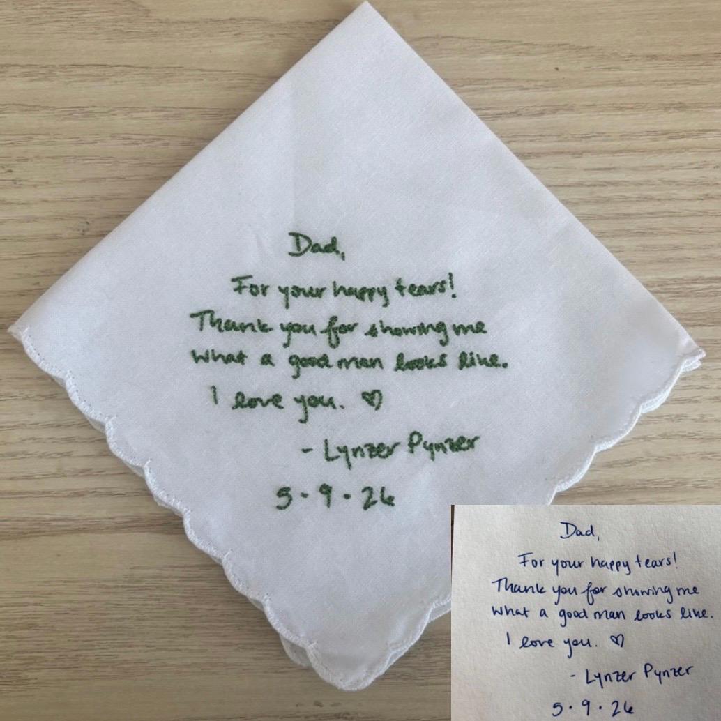 Embroidered handwriting wedding handkerchief with a scalloped edge