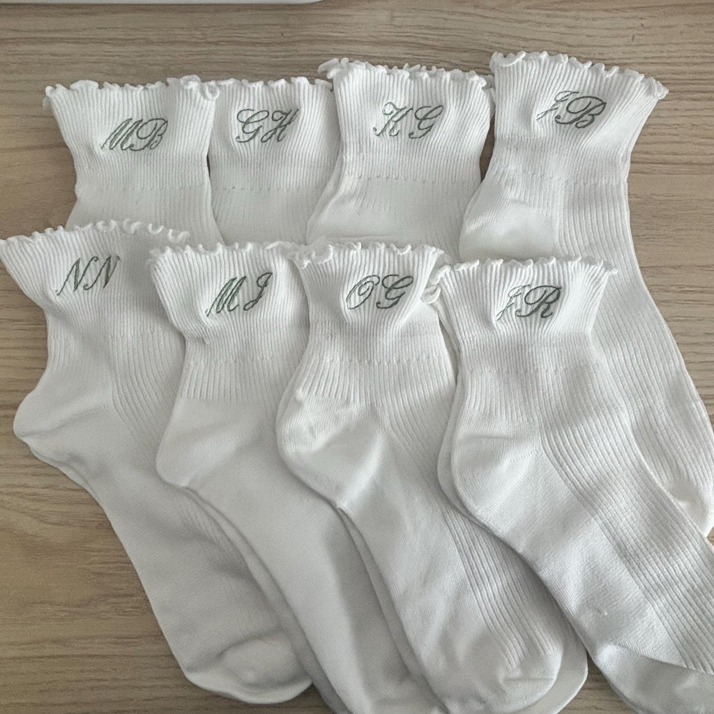 Embroidered initials ruffle ankle socks