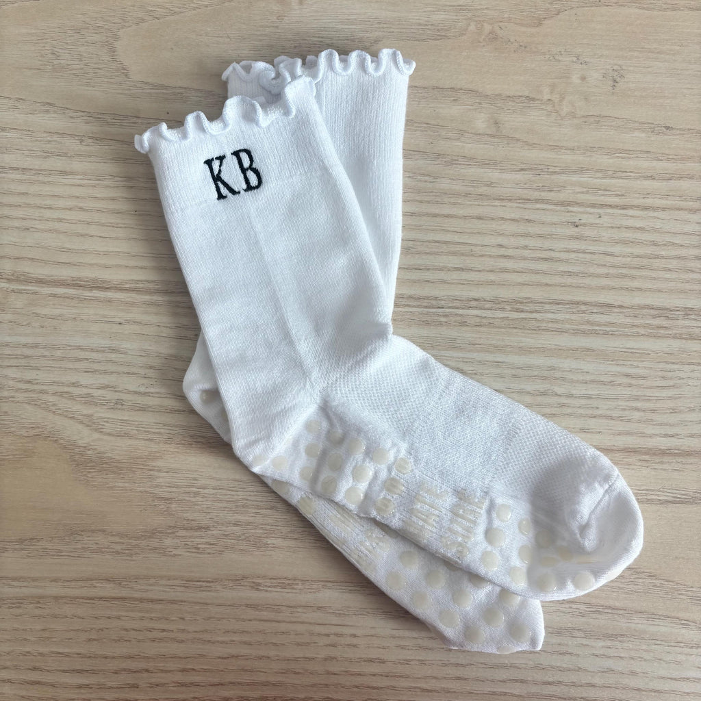 Embroidered Pilates initials ruffle ankle socks