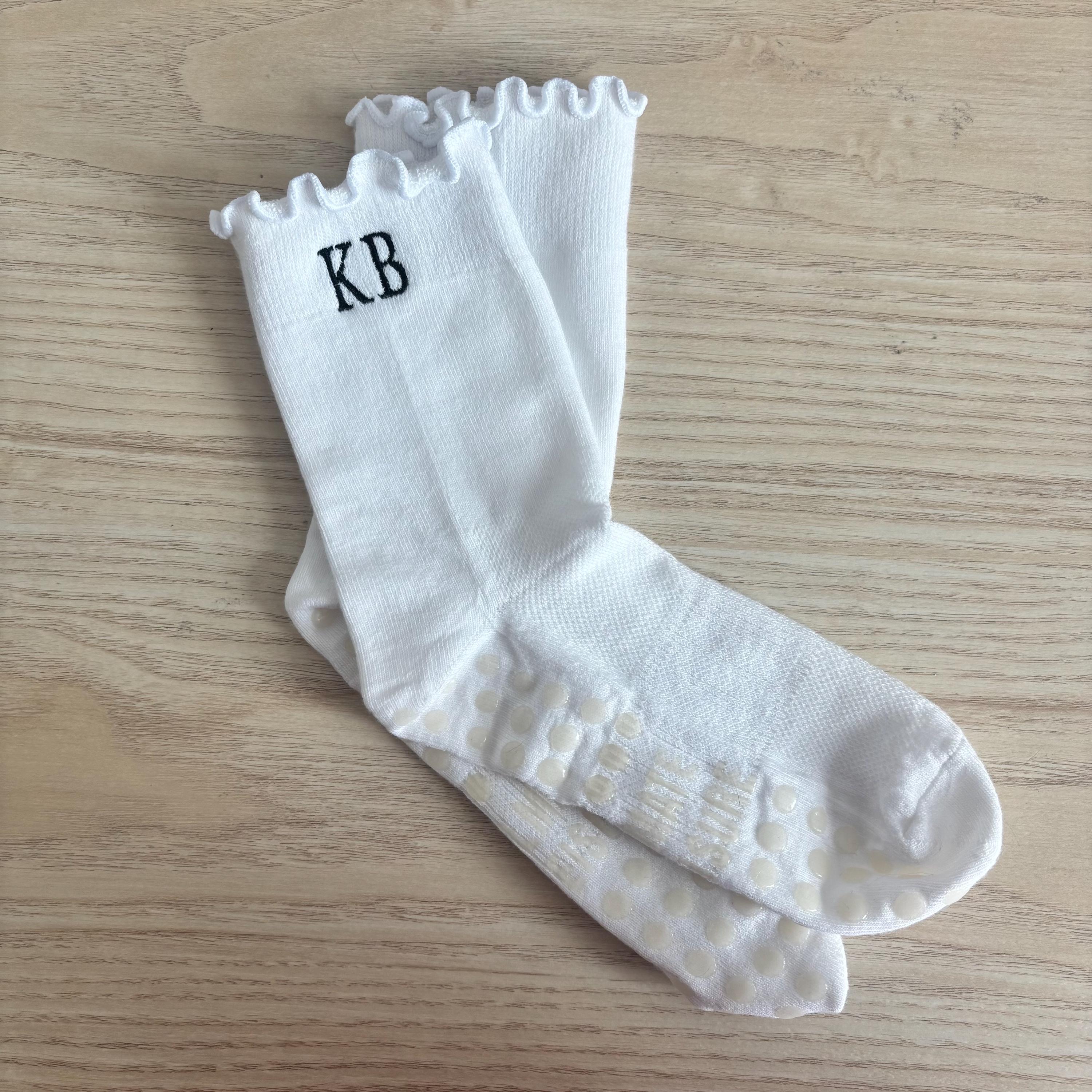 Embroidered Pilates initials ruffle ankle socks