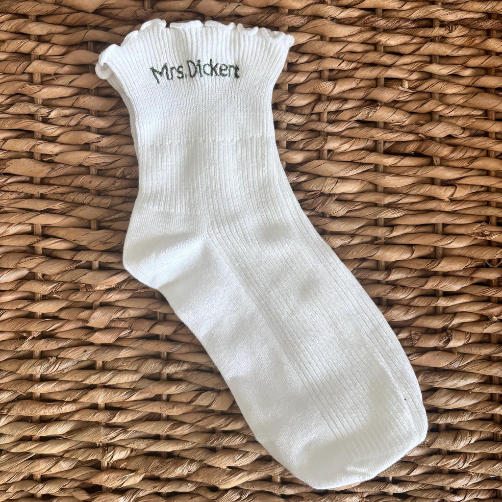 Embroidered name ruffle ankle socks