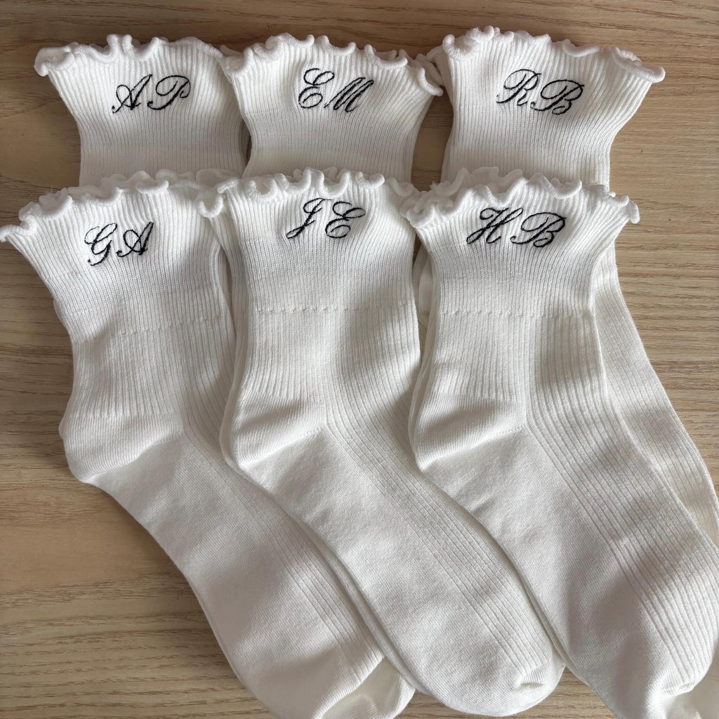 Embroidered initials ruffle ankle socks