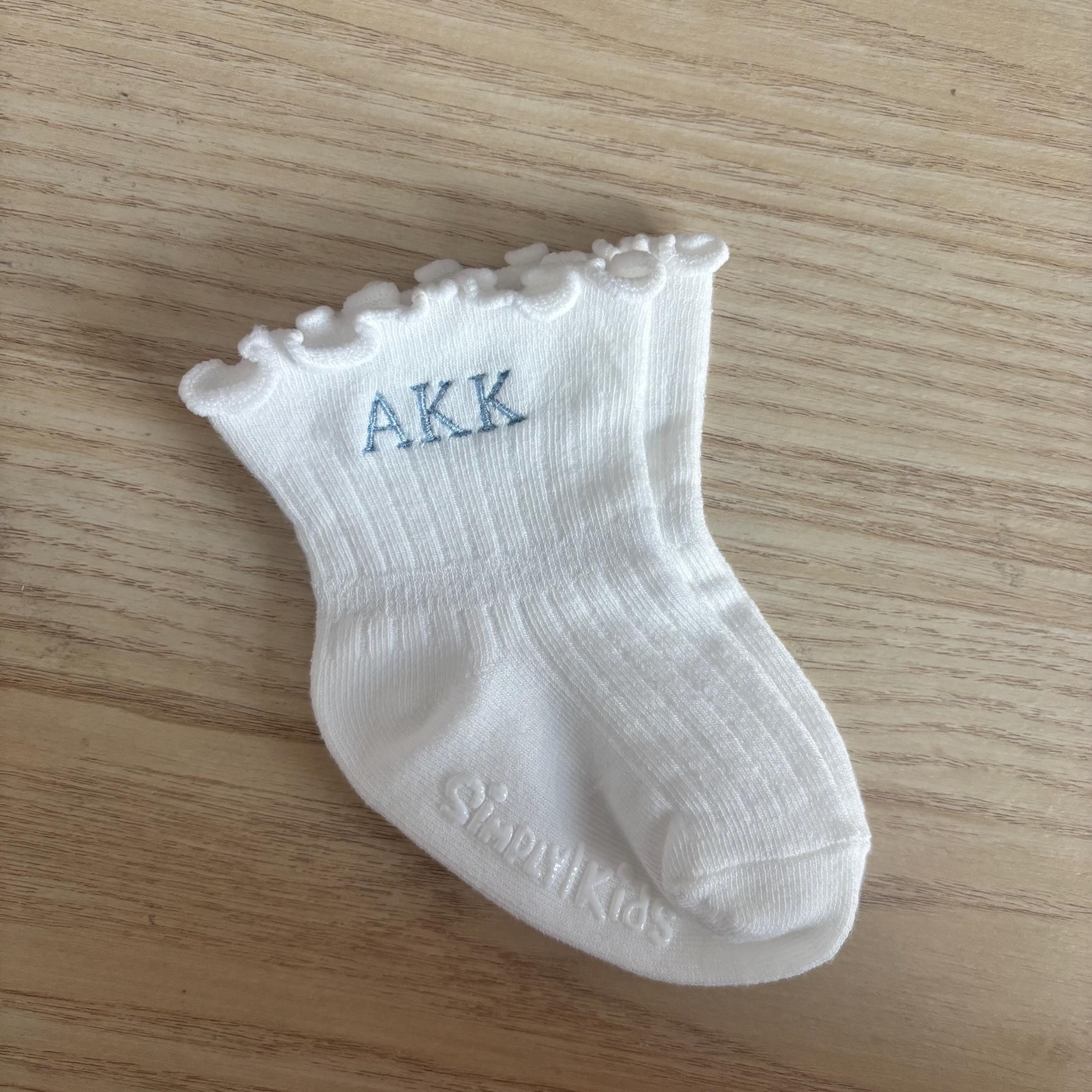 Baby/Toddler embroidered initials ruffle ankle socks with grip bottoms