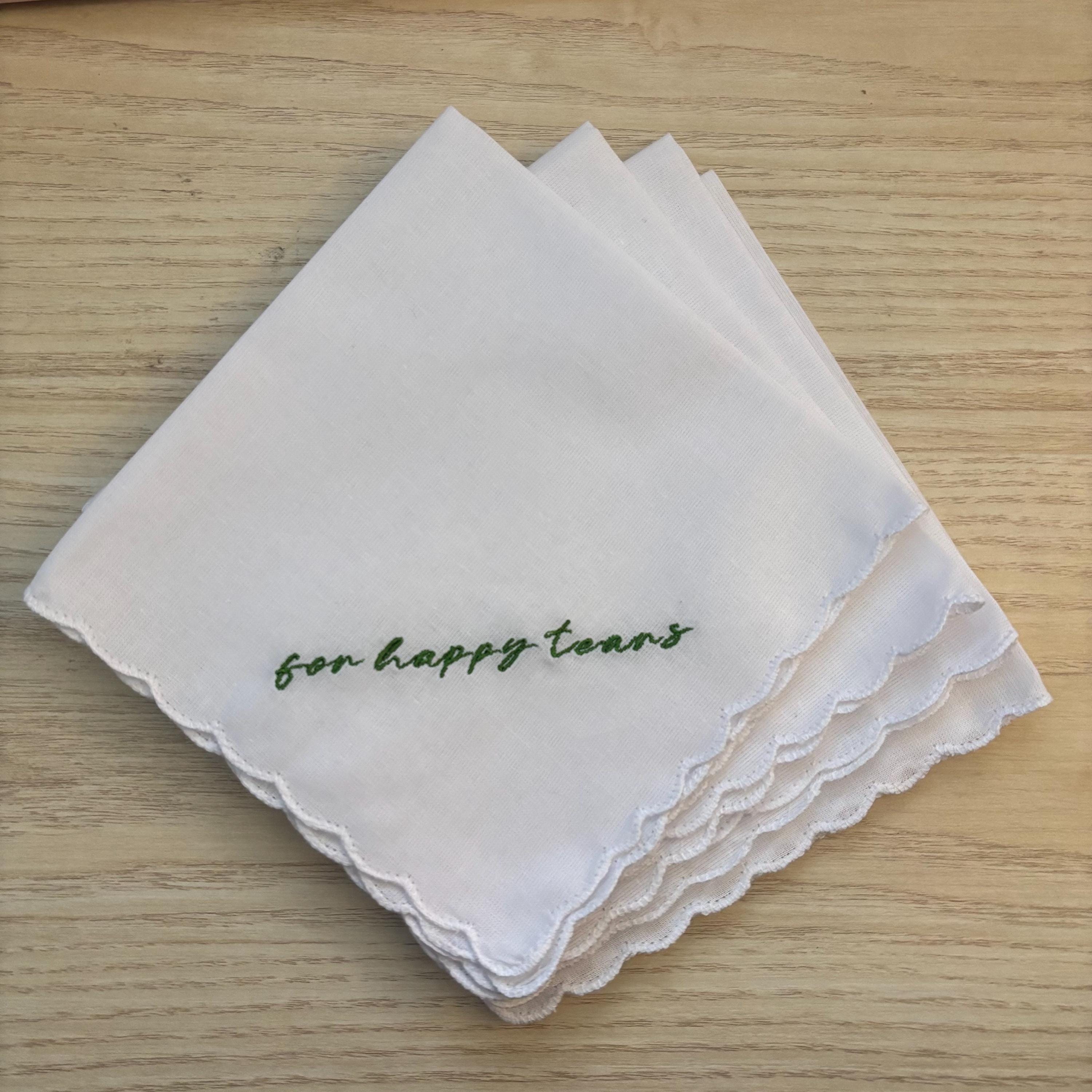 4 pack FOR HAPPY TEARS embroidered wedding handkerchief with a scalloped edge
