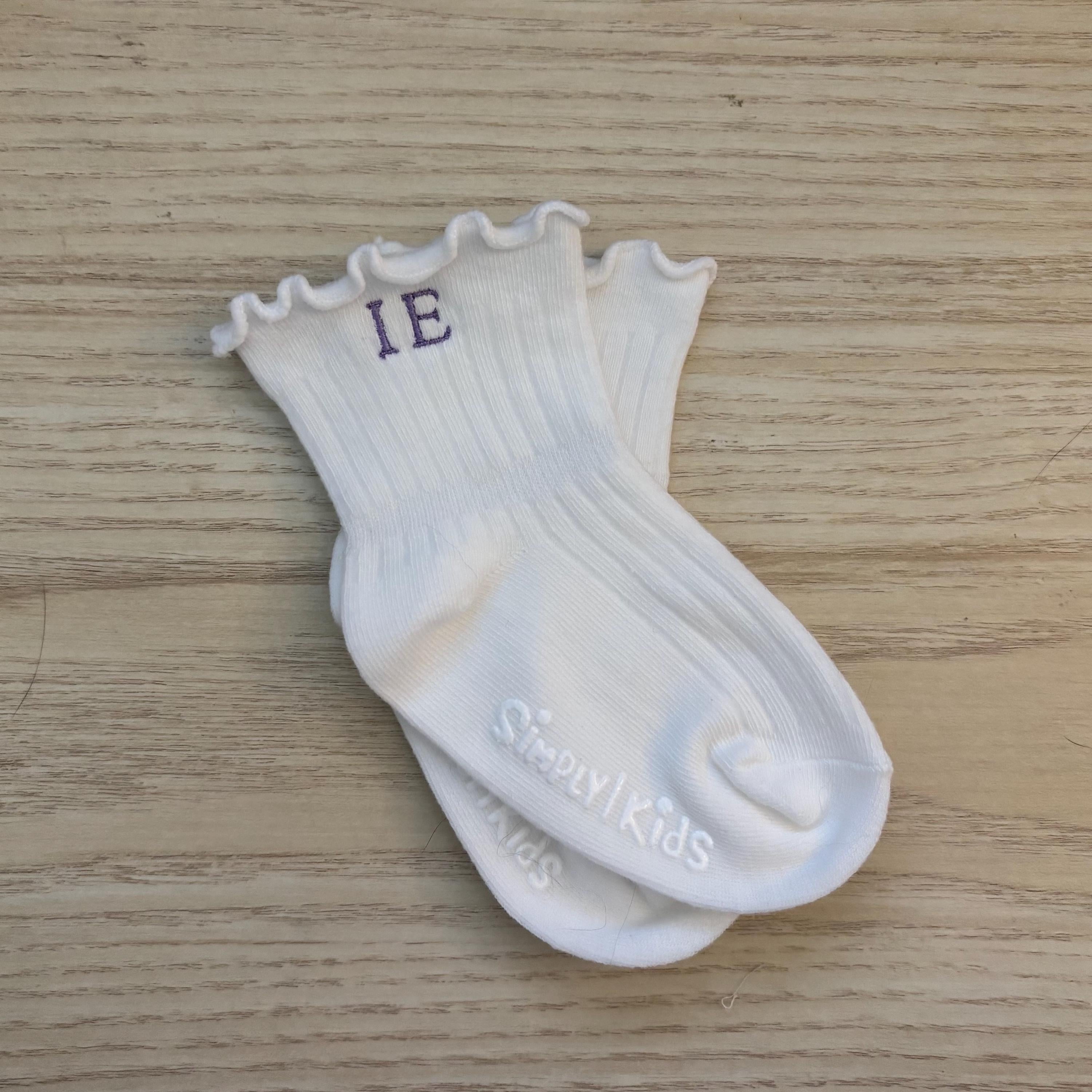 Baby/Toddler embroidered initials ruffle ankle socks with grip bottoms