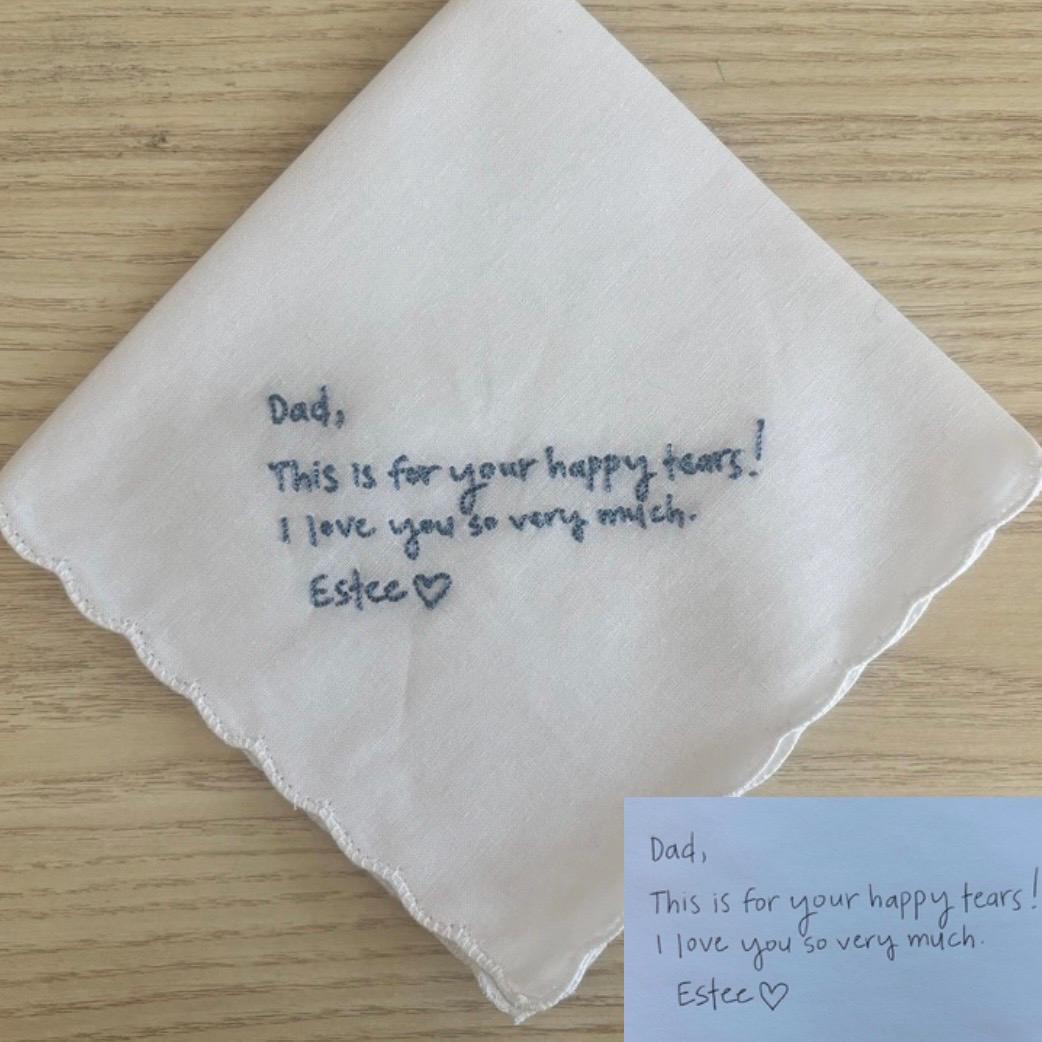 Embroidered handwriting wedding handkerchief with a scalloped edge