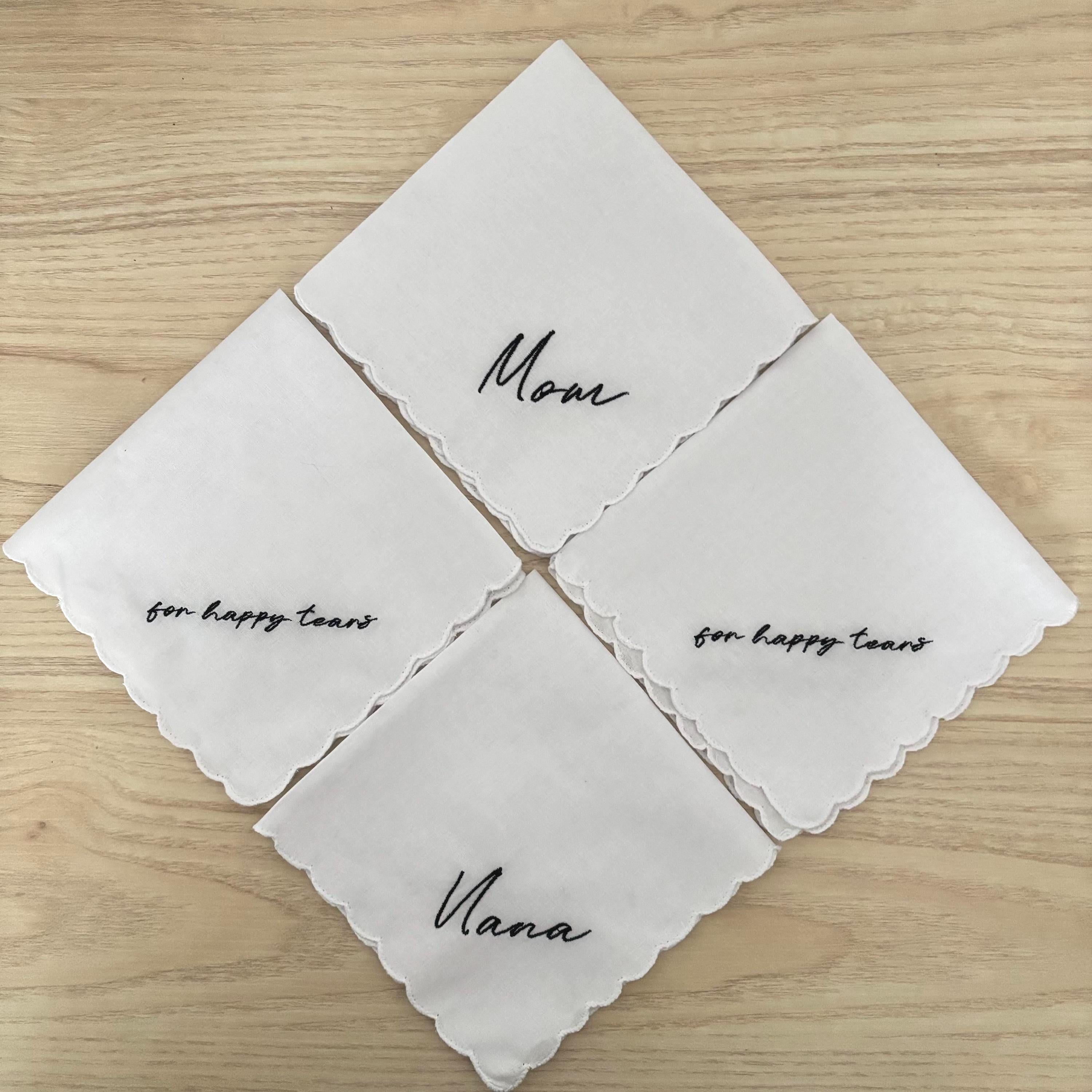 4 pack FOR HAPPY TEARS embroidered wedding handkerchief with a scalloped edge