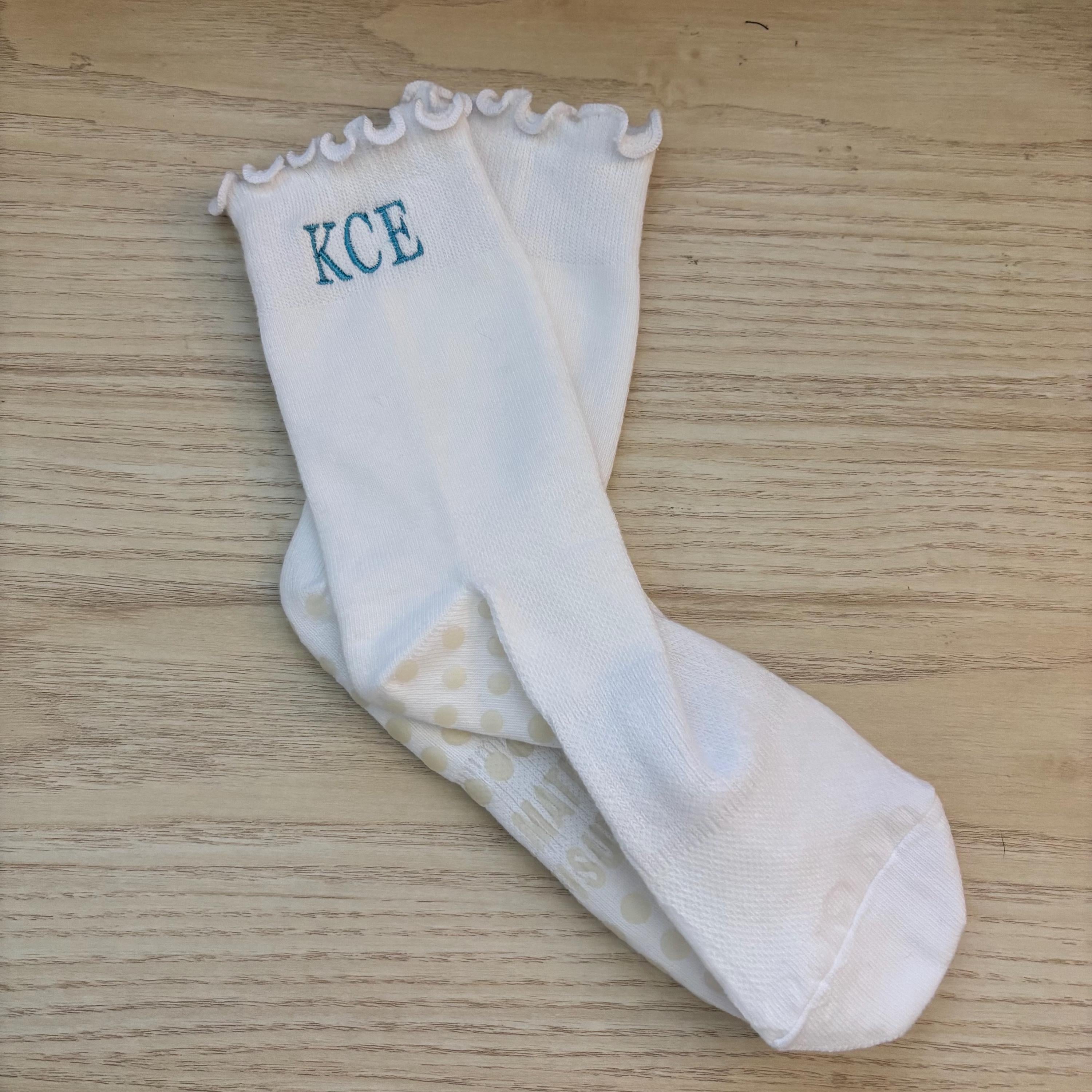 Embroidered Pilates initials ruffle ankle socks
