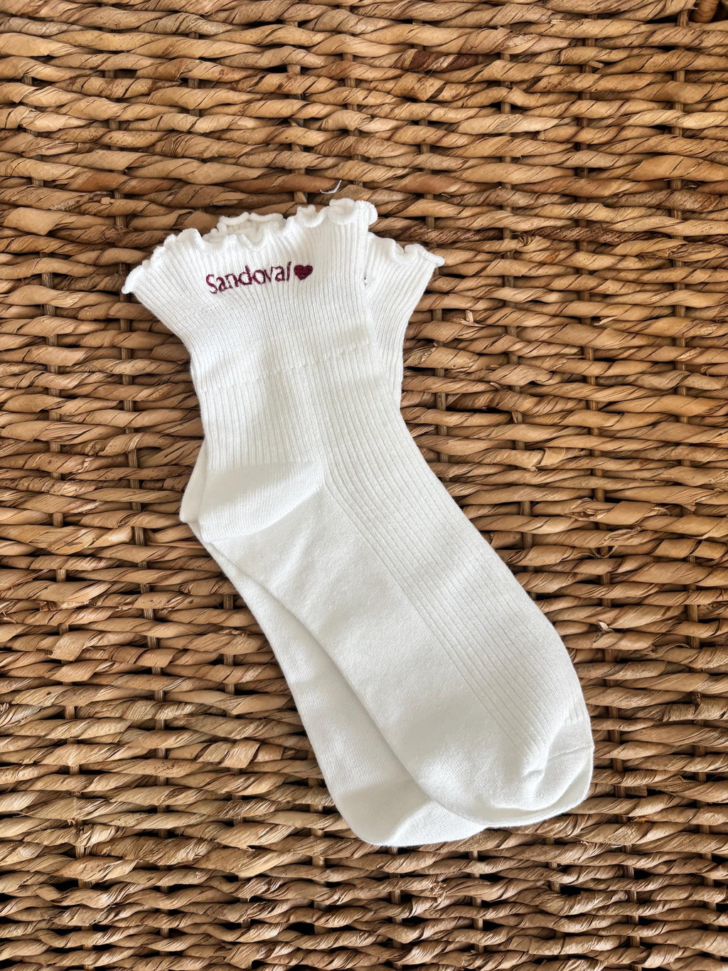 Embroidered name ruffle ankle socks