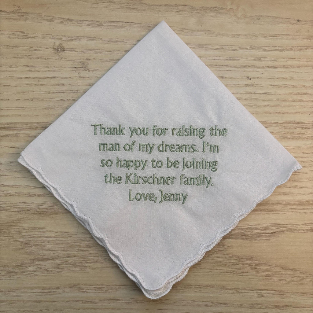 Embroidered wedding handkerchief with a scalloped edge