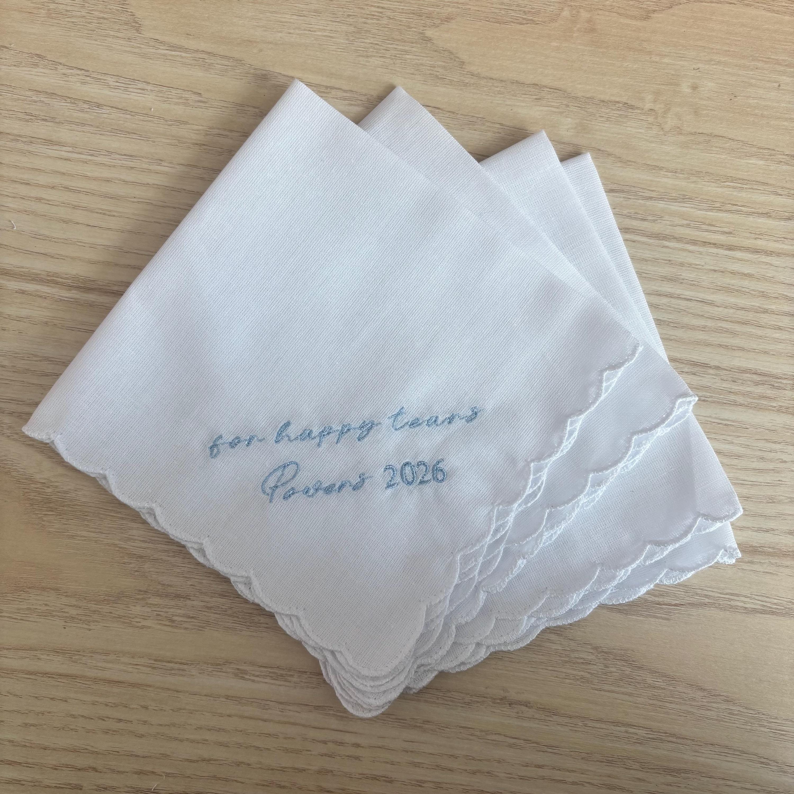 4 pack FOR HAPPY TEARS embroidered wedding handkerchief with a scalloped edge