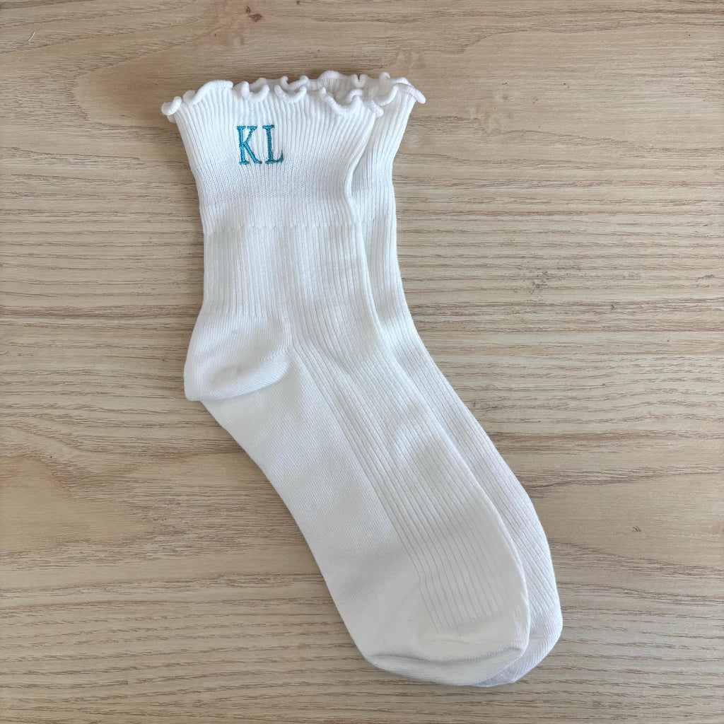 Embroidered initials ruffle ankle socks