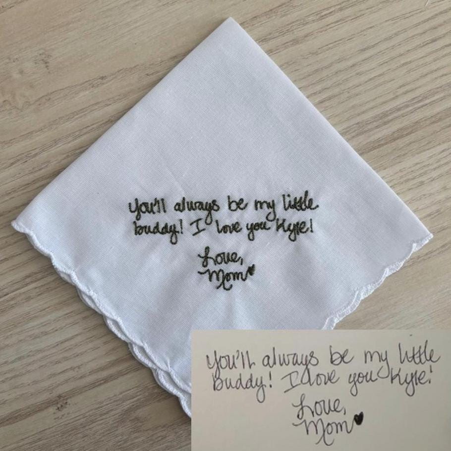 Embroidered handwriting wedding handkerchief with a scalloped edge