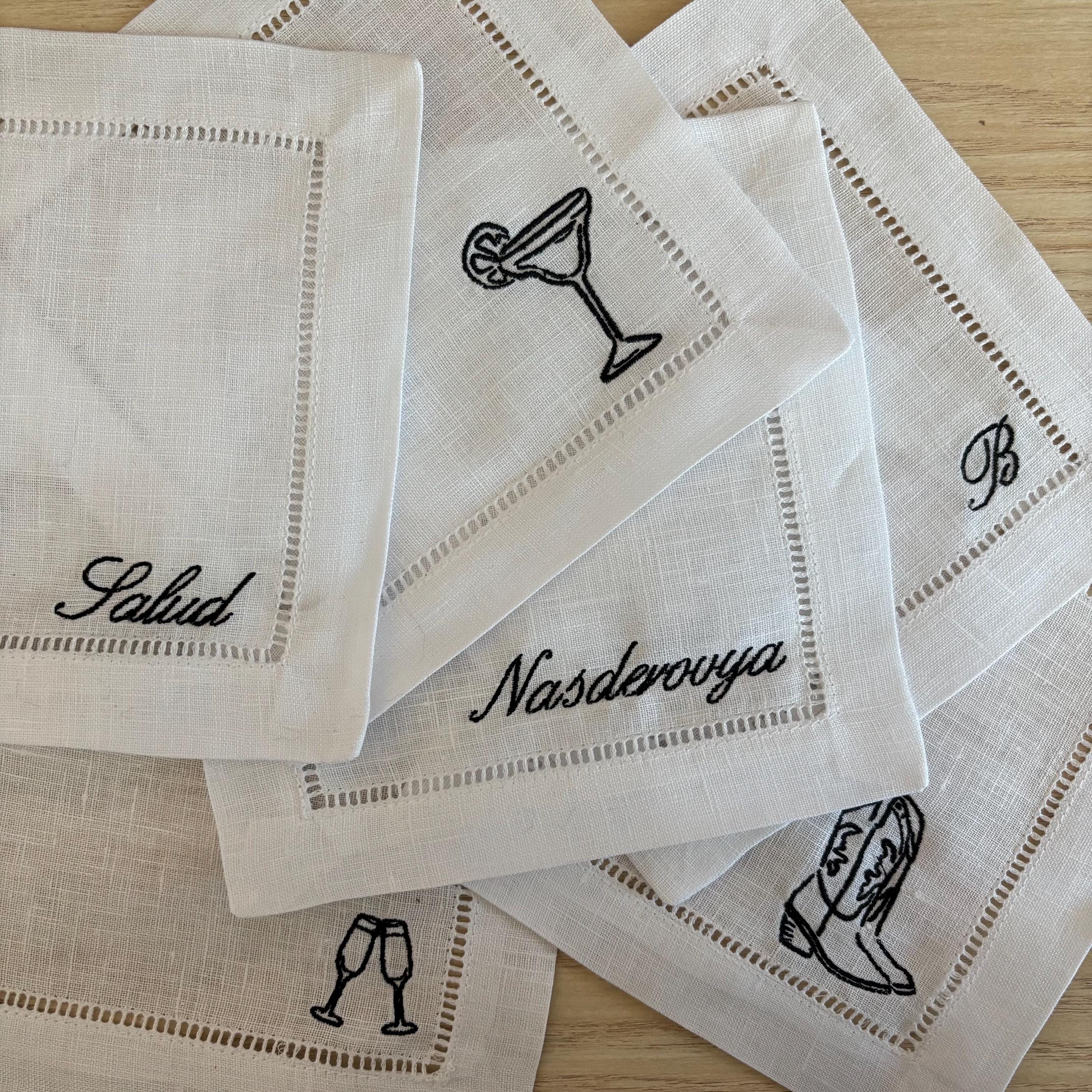 Embroidered linen cocktail napkins/coasters