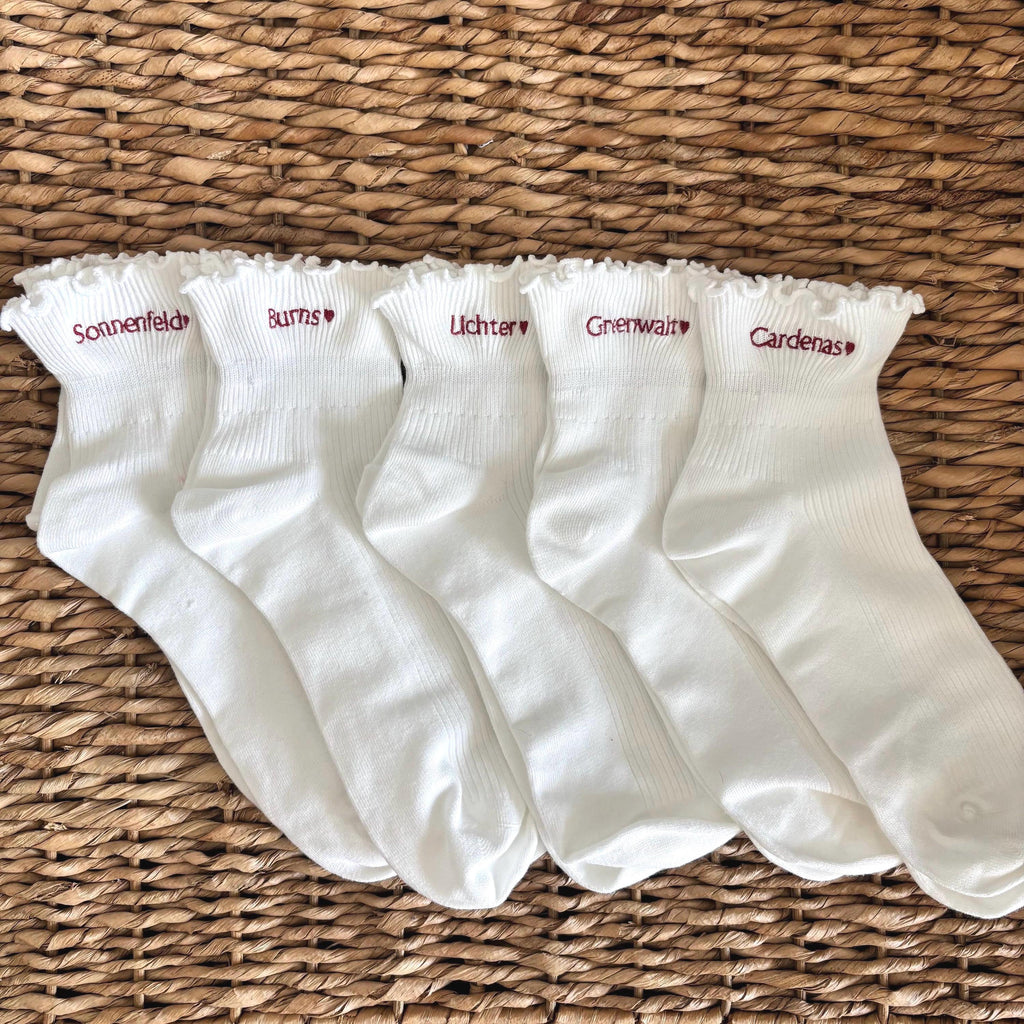 Embroidered name ruffle ankle socks