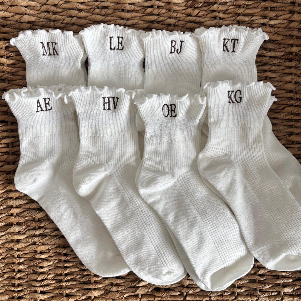Embroidered initials ruffle ankle socks