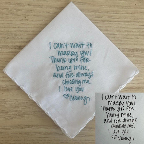 Embroidered handwriting wedding handkerchief with a scalloped edge