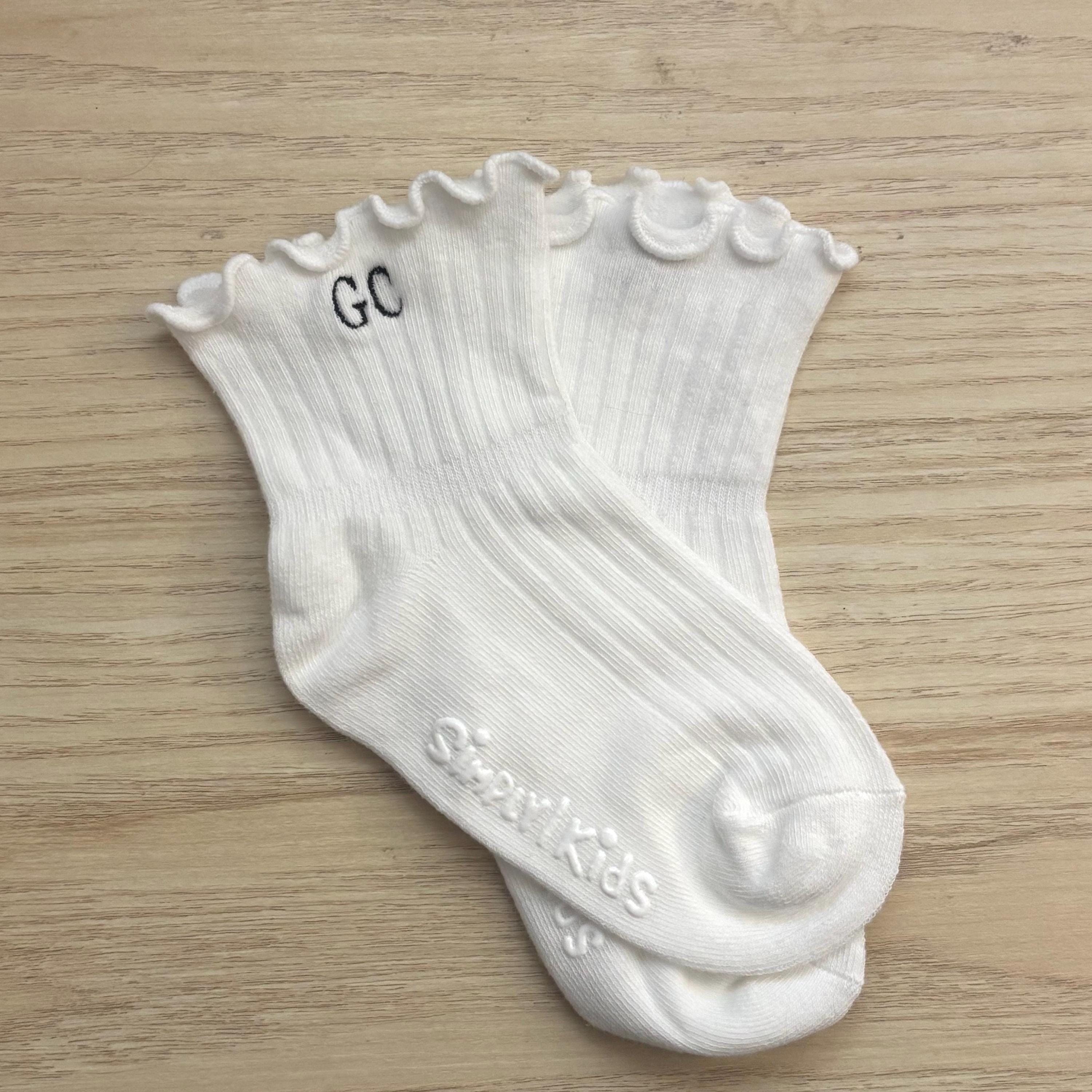 Toddler embroidered initials ruffle ankle socks with grip bottoms