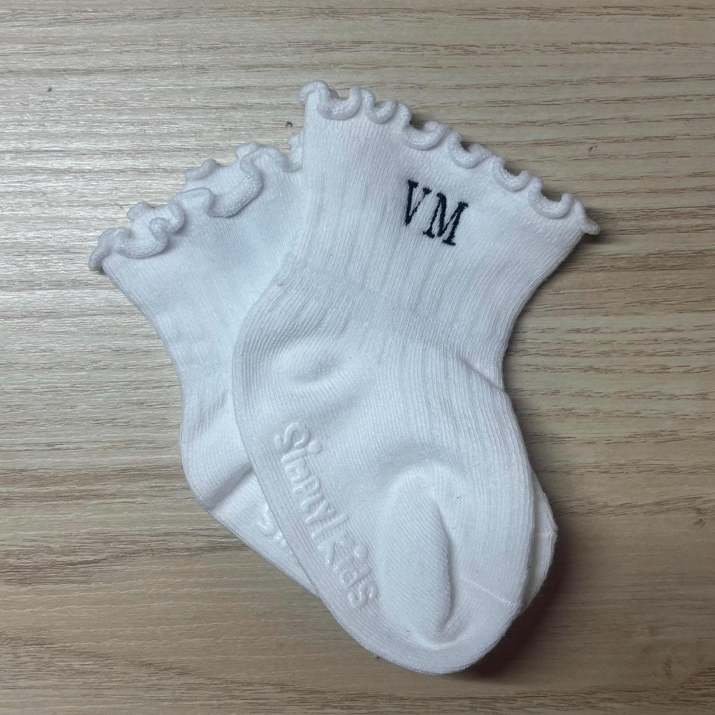 Toddler embroidered initials ruffle ankle socks with grip bottoms
