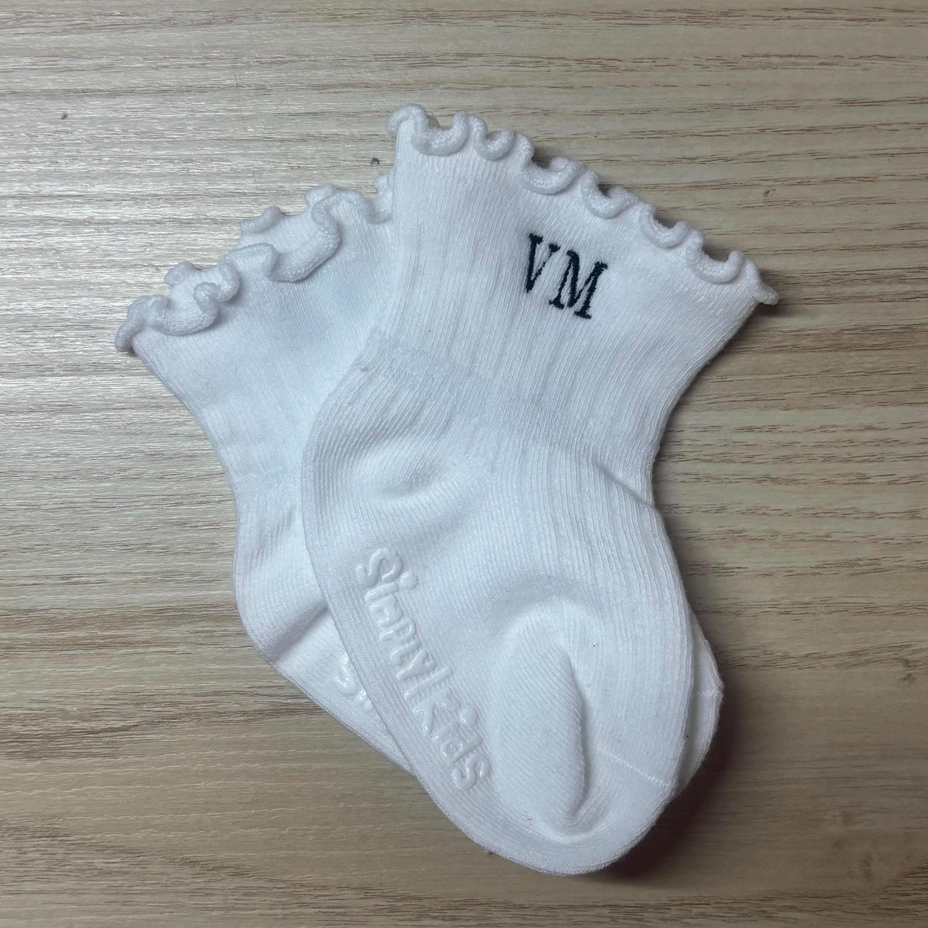 Toddler embroidered initials ruffle ankle socks with grip bottoms