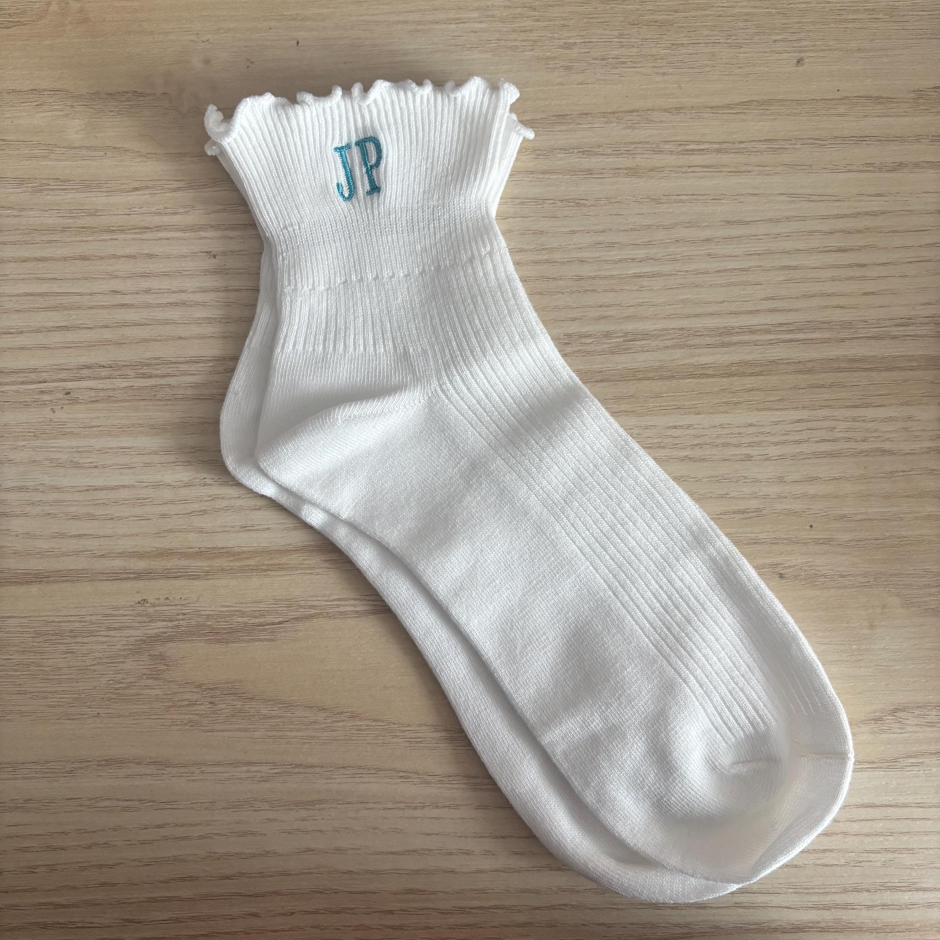 Embroidered initials ruffle ankle socks