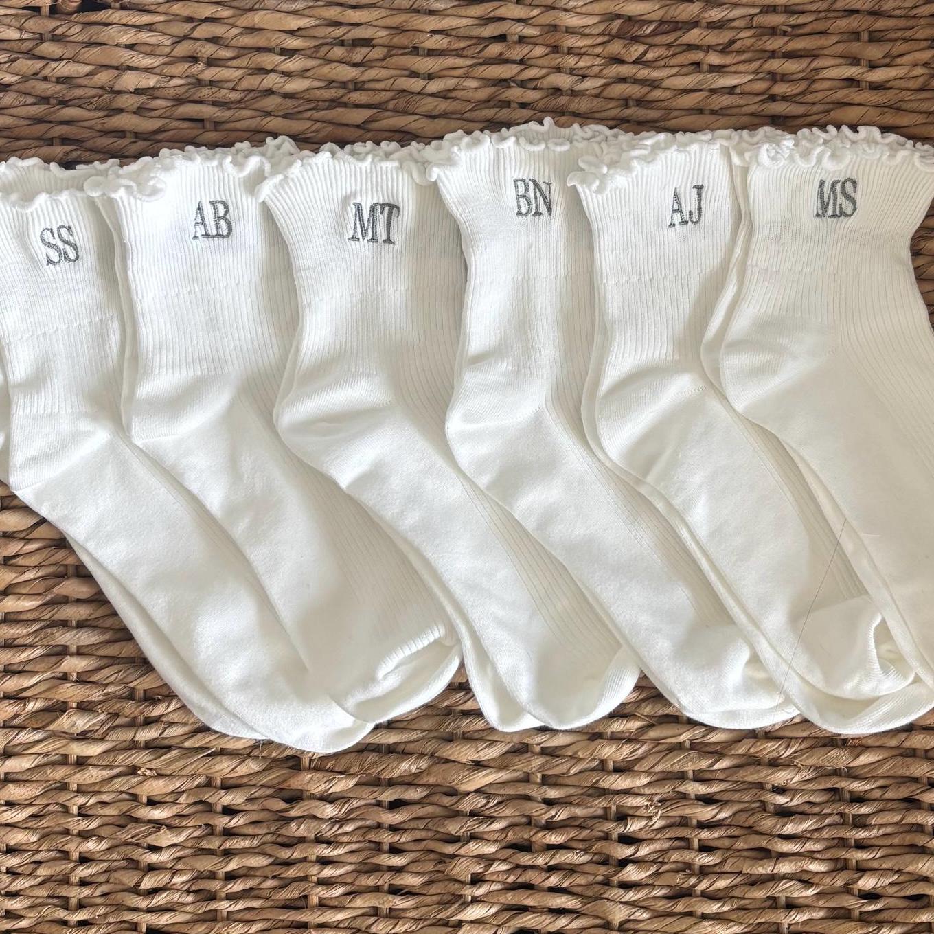 Embroidered initials ruffle ankle socks