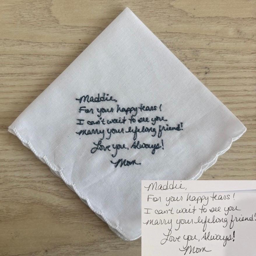 Embroidered handwriting wedding handkerchief with a scalloped edge
