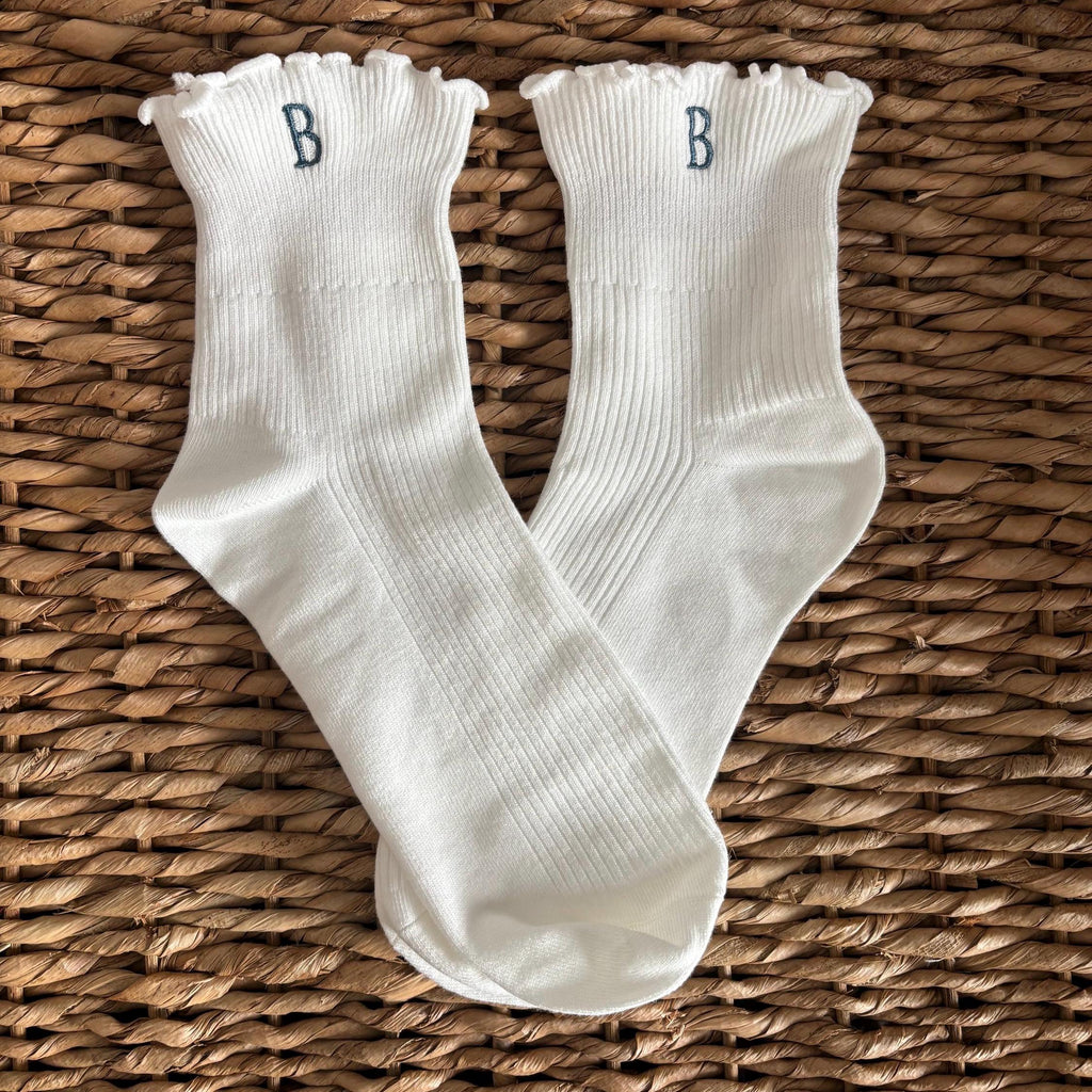 Embroidered initials ruffle ankle socks