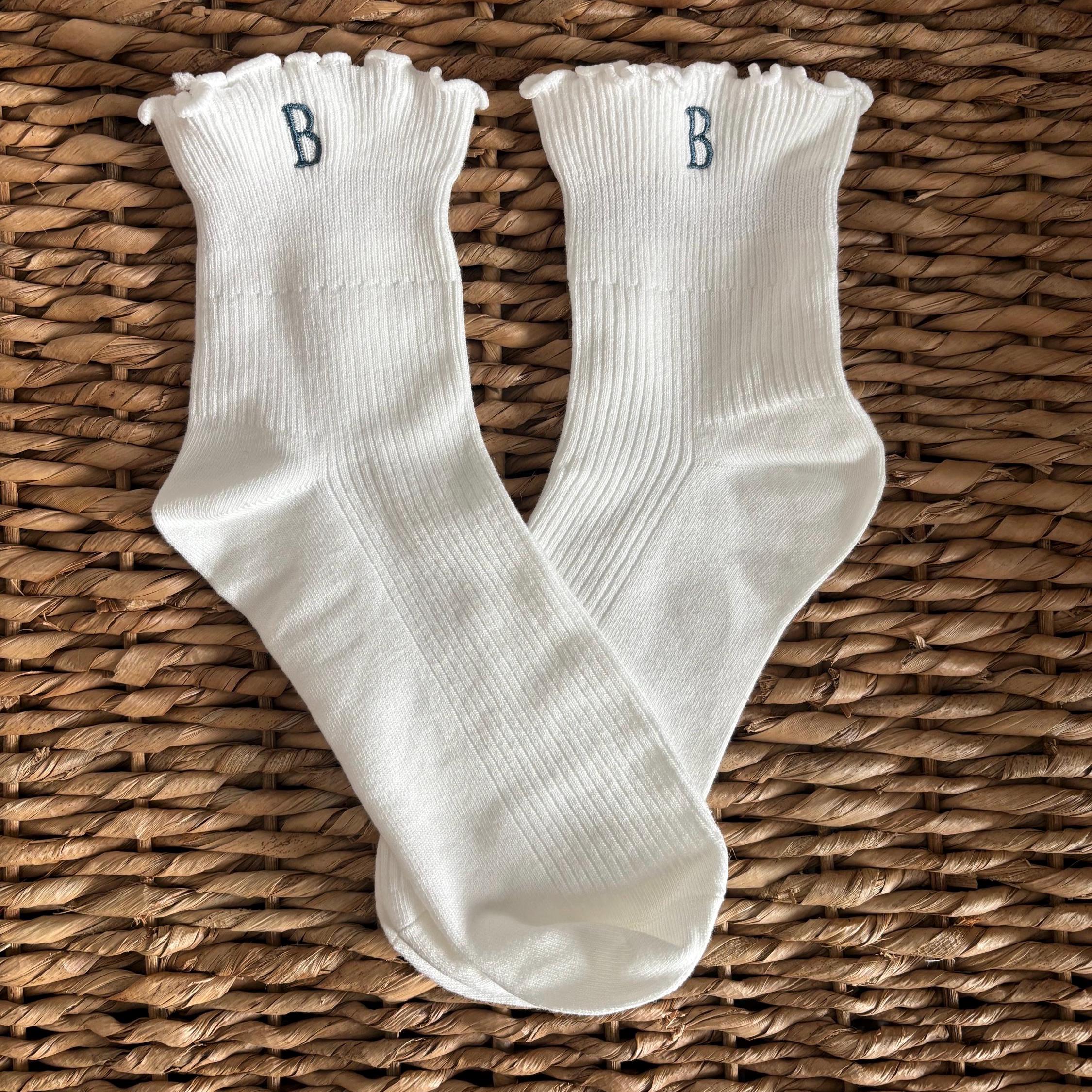 Embroidered initials ruffle ankle socks