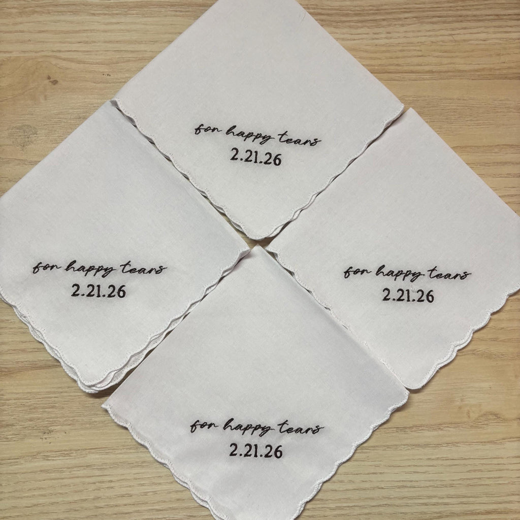 4 pack FOR HAPPY TEARS embroidered wedding handkerchief with a scalloped edge