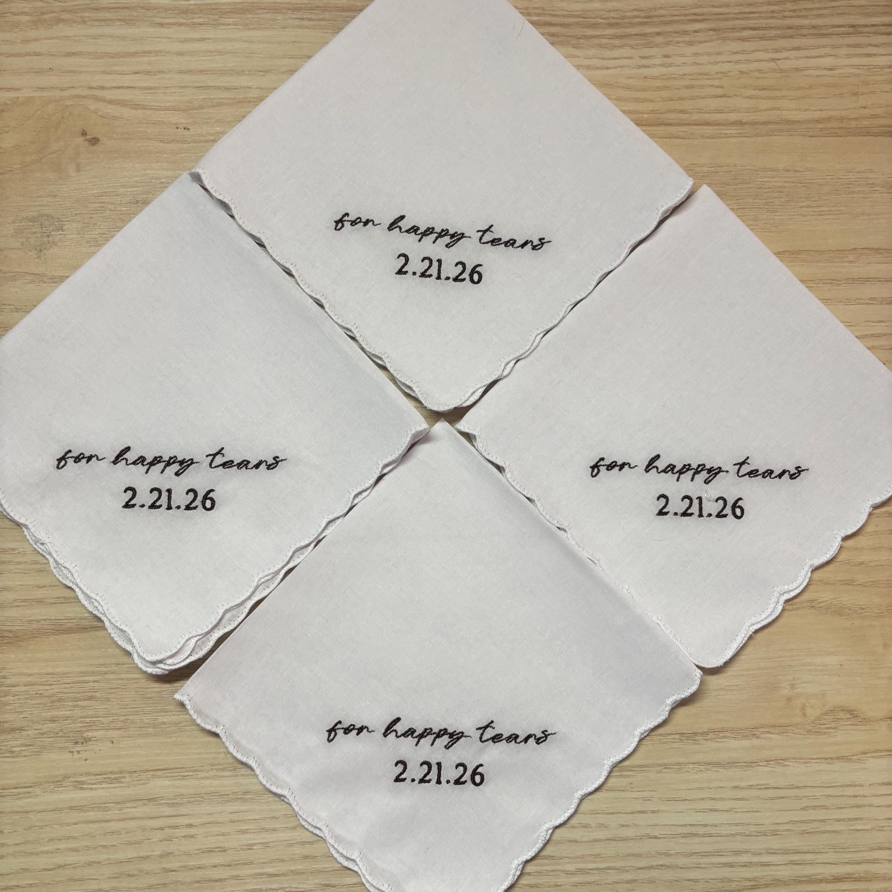4 pack FOR HAPPY TEARS embroidered wedding handkerchief with a scalloped edge