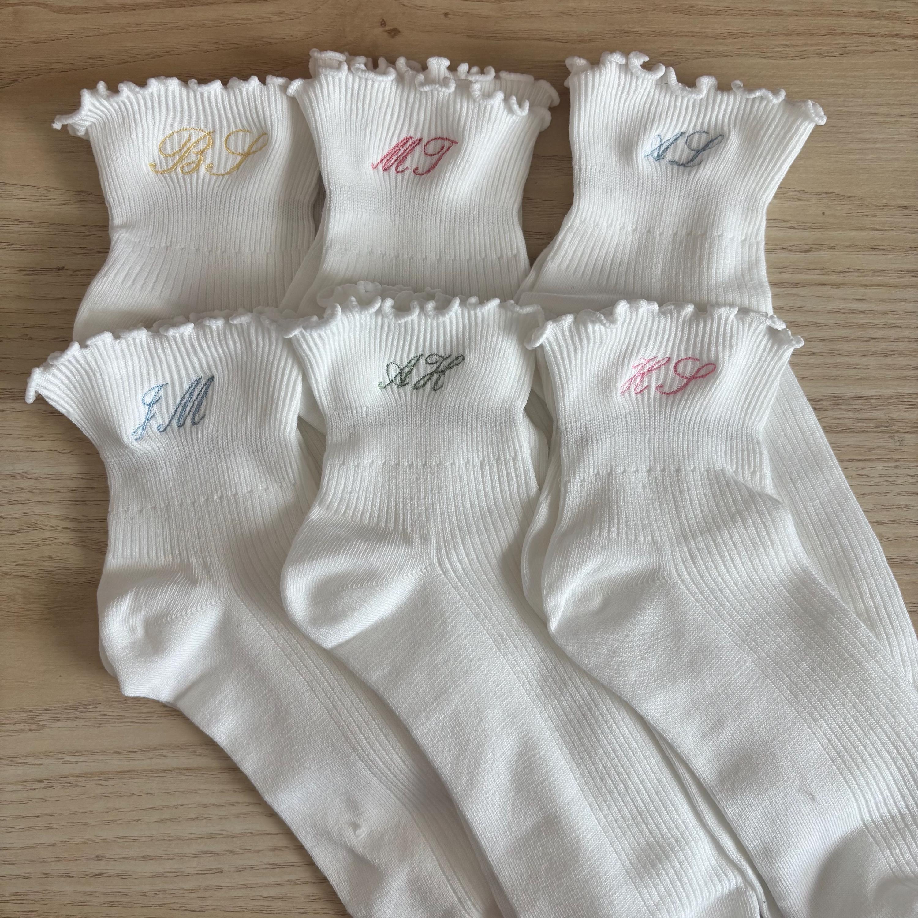 Embroidered initials ruffle ankle socks