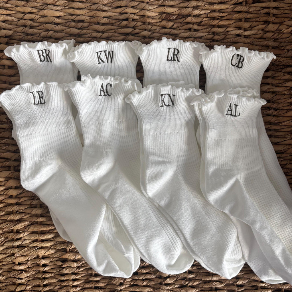 Embroidered initials ruffle ankle socks