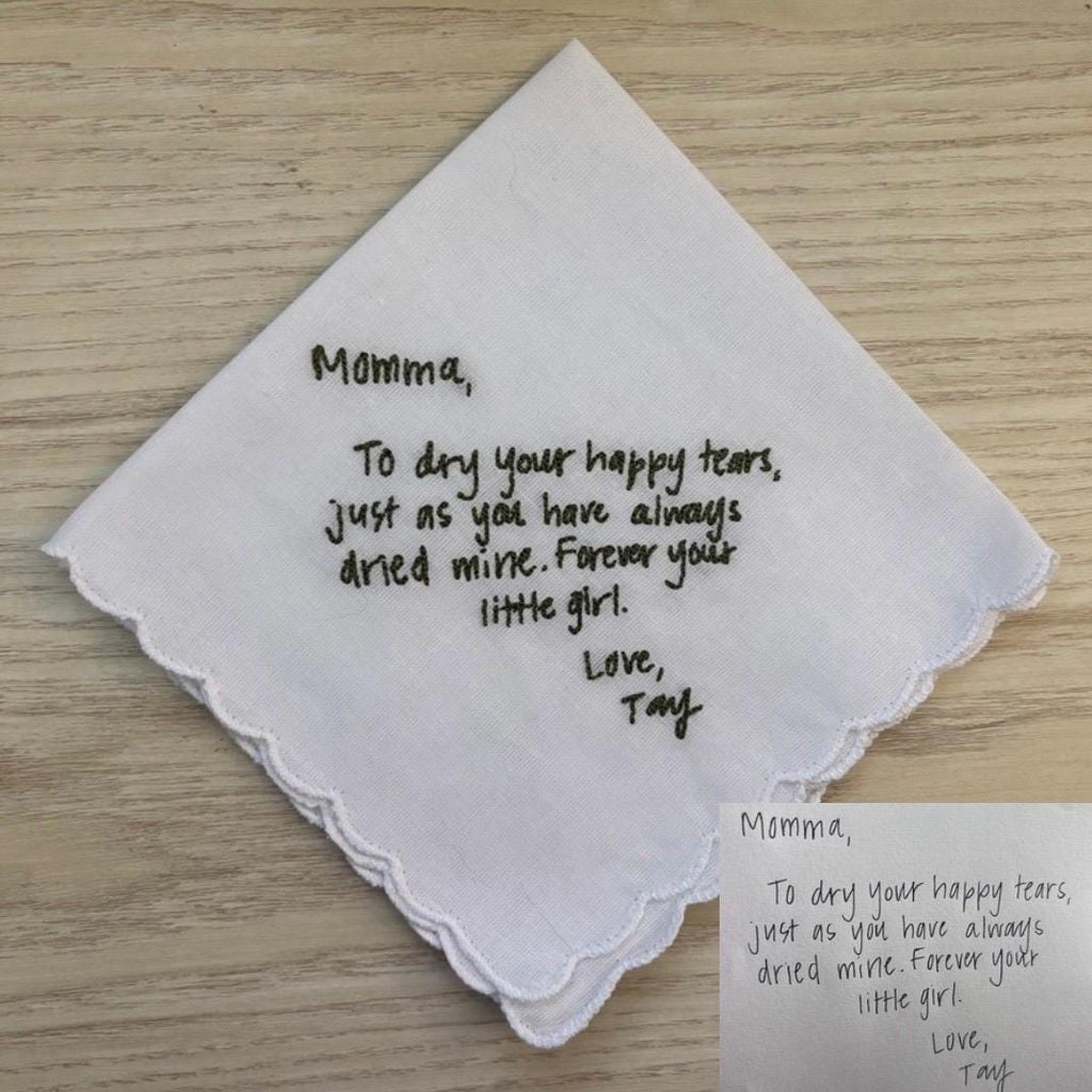 Embroidered handwriting wedding handkerchief with a scalloped edge